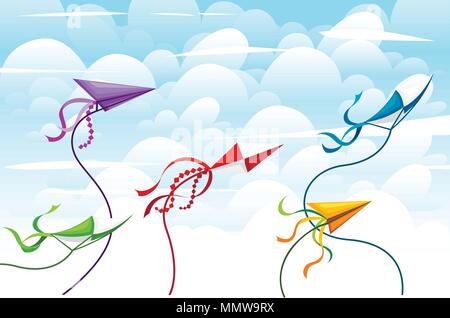Bunte Drachen Sammlung. Outdoor Sommer Aktivität Objekte. Cute flying Spielzeug. Urlaub Kindheit Unterhaltung. Vector Illustration mit Himmel und Wolken Stock Vektor