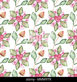 Nahtlose Muster mit Hibiskus Blüten, Knospen, Blätter, Herzen. Stockfoto