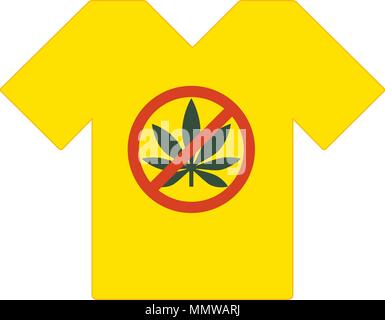 Gelbe t-shirt. Keine Drogen erlaubt. Marihuana Blatt mit verbotenen Zeichen - keine Droge. Drogen Symbol in Verbot roten Kreis. Anti Drogen. T-shirt Vorlage. T- Stock Vektor