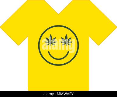 Marihuana Smiley. Cannabis Lächeln. Gelb t-shirt. Lächelndes Gesicht aus Unkraut verlässt. T-shirt Vorlage. Isolierte Vector Illustration. Stock Vektor