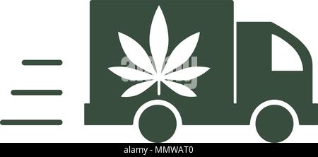 Lieferung Cannabis. Abbildung eines Lkw-Symbol mit einem Marihuana Blatt. Vector Illustration auf weißem Hintergrund. Stock Vektor