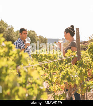 Ein junger Mann und eine Frau in einem Weinberg, die miteinander sprechen, mit einem Glas Wein Stockfoto