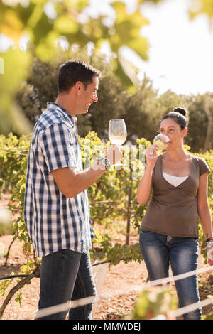 Ein junger Mann und eine Frau, ein Glas Wein im Freien in den Weinbergen an einem sonnigen Tag Stockfoto