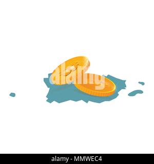 Vector Illustration: Goldmünzen mit Bitcoin unterzeichnen und Karte Silhouette von Puerto Rico. Stock Vektor