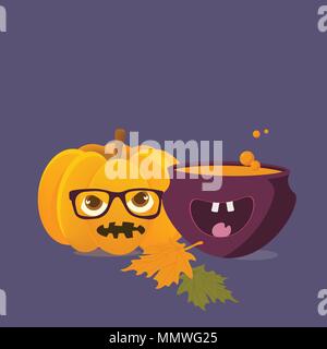 Hexe hat mit Magic Kochen trank Maskottchen und Halloween Kürbis mit Hippie Brille auf. Stock Vektor