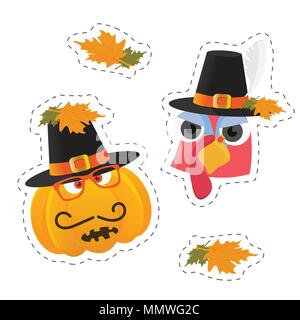 Aufkleber für Thanksgiving Tag: Türkei Vogel und Kürbis mit pilgrim Hut auf. Stock Vektor