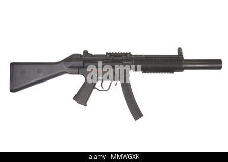 Maschinenpistole MP5 mit Schalldämpfer isoliert Stockfoto