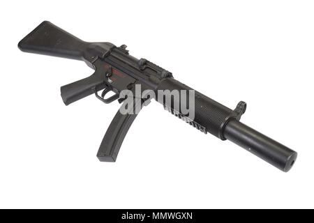 Maschinenpistole MP5 mit Schalldämpfer isoliert Stockfoto