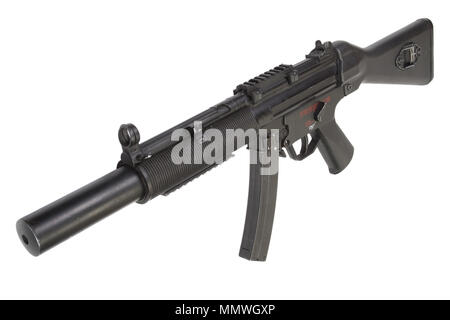 Maschinenpistole MP5 mit Schalldämpfer isoliert Stockfoto