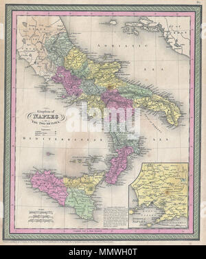 . Englisch: Ein äußerst attraktives Beispiel für S. A. Mitchell Sr map's 1853 in Süditalien und Sizilien. Abdeckungen von Rom Süd das Boot von Italien und Sizilien zu gehören. Die Farbe je nach Region codiert. Einem Einsatz in der unteren rechten Quadranten Details der Nähe von Neapel. Durch die grüne Grenze gemeinsame zu Mitchell Karten aus den 1850s umgeben. Von S. A. Mitchell für Ausgestellt als Platte Nr. vorbereitet 61 In der Ausgabe 1853 seines neuen Universal Atlas. Königreich Neapel und Sizilien. 1850 (undatiert). 1853 Mitchell Karte des südlichen Italien (Neapel, Sizilien) - Geographicus - ItalySouth-Mitchell Stockfoto