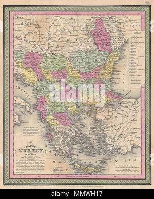 . Englisch: Ein äußerst attraktives Beispiel für S. A. Mitchell Sr map's 1853 der Türkei in Europa. Diese Karte, wenn das Osmanische Reich viel von der Region kontrolliert, was ist heute in der Türkei, Griechenland, Mazedonien, Kroatien, Bosnien, Serbien, Rumänien, Bulgarien, Mazedonien und Albanien. Osmanischen Provinzen sind farblich markiert und nummeriert. Durch die grüne Grenze gemeinsame zu Mitchell Karten aus den 1850s umgeben. Von S. A. Mitchell für Ausgestellt als Platte Nr. vorbereitet 62 In der Ausgabe 1853 seines neuen Universal Atlas. Veraltet und urheberrechtlich geschützt," eingetragen nach dem Gesetz des Kongresses, im Jahr 1850, von Thomas Cowper Stockfoto