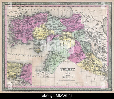 . Englisch: Ein äußerst attraktives Beispiel für S. A. Mitchell Sr map's 1853 der Türkei in Asien. Diese Karte, wenn das Osmanische Reich viel von dem Nahen und Mittleren Osten kontrolliert, Abdeckungen, was heute die Türkei, Zypern, Irak, Israel, Palästina, Jordanien, Libanon und Syrien. Osmanischen Provinzen sind farblich markiert und nummeriert. Eine Übersichtkarte in der linken unteren Quadranten zeigt die Umgebung von Konstantinopel (Istanbul). Durch die grüne Grenze gemeinsame zu Mitchell Karten aus den 1850s umgeben. Von S. A. Mitchell für Ausgestellt als Platte Nr. vorbereitet 66 In der Ausgabe 1853 seines neuen Universal Atlas. Veraltet und urheberrechtlich geschützt, "Ente Stockfoto