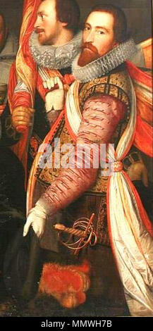 . Englisch: Portrait von Claes Huygens Gael am Festmahl der Offiziere der Sankt Adrian Civic guard in Haarlem 1618, detail Nederlands: Portret van Claes Huygens Gael in Officieren van de Kloveniersdoelen, Haarlem 1618, das Festmahl der Offiziere der St. Adrian Miliz Unternehmen in 1618. 1618. Claes Huygensz Gael - Details der Cloveniers 1615-1618 von Cornelis Engelsz Stockfoto