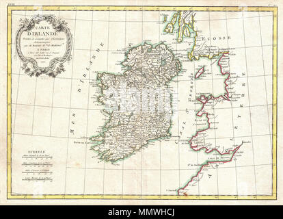 . Englisch: Ein schönes Beispiel für die Rigobert Bonne 1771 dekorative Karte von Irland. Enthält alle von Irland sowie des angrenzenden England und Schottland. Eine aufwändige dekorative Titel Kartusche erscheint in der oberen linken Quadranten. Von R.Bonne 1771 Für die Ausgabe als Platte Nr. gezeichnet C 20 in Jean Lattre die 1776 Ausgabe des Atlas Moderne. Carte D'Irlande Projelle de assujettie aux Beobachtung Astronomiques.. 1771 (veraltet). 1771 Bonne Karte von Irland - Geographicus - Irland - bonne-1771 Stockfoto