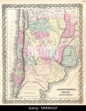 . Englisch: Eine ausgezeichnete erste Ausgabe Beispiel Coltons seltene 1855 Karte Chile, Argentinien, Paraguay und Uruguay. Abdeckungen von Bolivien nach Patagonien und vom Pazifik zum Atlantik. Zeigt Boliviens Ansprüche auf die Atacama Wüste, die heute Teil von Chile. Bezeichnet eine Reihe von wichtigen Berge einschließlich Aconcagua, der höchsten Erhebung in Südamerika. Während die Karte Colton identifiziert verschiedene Städte, Städte, Festungen, Flüsse, Stromschnellen, Furten, und eine Auswahl an zusätzlichen topographischen Details. Karte ist von Hand eingefärbt in den Farben rosa, grün, gelb und blau Pastell zu nationalen und regionalen definieren Stockfoto
