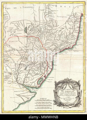 . Englisch: Ein schönes Beispiel für die Rigobert Bonne dekorative Karte von Paraguay. Abdeckungen vom Rio de la Plata nördlich gut in Brasilien und den Amazonas, erstreckt sich nach Westen so weit wie Cordova, und ostwärts nach San Salvador, Brasilien. Umfasst die modernen Nationen von Uruguay, Paraguay und Teile der angrenzenden Brasilien und Argentinien. Für ausgezeichnete Details im gesamten, Berge, Flüsse, nationale Grenzen, Städte, Regionen und Stämmen. Identifiziert, Buenos Aires, Rio de Janiero, und zahlreiche andere wichtige südamerikanische Städte. Vielleicht interessanteste Element, diese Karte bietet eine klassische dar Stockfoto