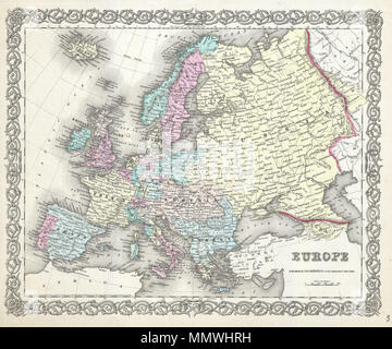 . Englisch: Eine schöne 1855 Erste Ausgabe Beispiel Coltons Karte von Europa. Deckt den gesamten Kontinent vom Kaspischen Meer nach Portugal, einschließlich der Britischen Inseln und Island. Im gesamten, Colton identifiziert verschiedene Städte, Städte, Festungen, Flüsse und eine Auswahl an zusätzlichen topographischen Details. Durch Coltons typischen Spirale Motiv Rahmen umgeben. Zu J. H. Colton, 1855 datiert und urheberrechtlich geschützt. Von Coltons 172 William Street Büro in New York City veröffentlicht. Wie Seite Nr. 1. in Band 2 der erste Ausgabe von George Washington's Colton 1855 Atlas der Welt. Europa. 1855 (veraltet). 18. Stockfoto