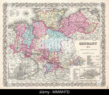 . Englisch: Eine schöne 1855 Erste Ausgabe Beispiel Coltons Karte von Norddeutschland. Deckt die 19 deutschen Provinzen Hannover, Holstein, und Mecklenberg Schwerin. Geteilt und die Farbe je nach regionalen Gliederungen codiert. Einem Einsatz in der unteren linken Quadranten details Hamburg. Ein weiteres im unteren rechten Quadranten konzentriert sich auf Bremen.. Im gesamten, Colton identifiziert verschiedene Städte, Städte, Festungen, Flüsse und eine Auswahl an zusätzlichen topographischen Details. Durch Coltons typischen Spirale Motiv Rahmen umgeben. Zu J. H. Colton, 1855 datiert und urheberrechtlich geschützt. Von Coltons 172 William Stree veröffentlicht. Stockfoto