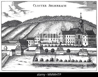 . English: Ansicht von Stift Schlierbach aus der Topographia Austriae superioris modernae dieser Medien zeigt die unter Denkmalschutz mit der Nummer 107128 in Österreich. (Commons, de) Closter Shlierbach Stockfoto