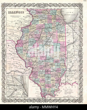 . Englisch: Dies ist der 1855 Ausgabe von J.H.Coltons Karte von Illinois. Zeigt den Zustand von Illinois zusammen mit Teilen der benachbarten Iowa, Missouri, Indiana und Kentucky. Farbe nach Grafschaft codiert. Zeigt große Straßen und Eisenbahnen sowie geologische Merkmale wie Seen und Flüsse. Einem Einsatz in der unteren linken Quadranten konzentriert sich auf die Umgebung von Chicago. Veraltet und urheberrechtlich geschützt: "Gemäß dem Gesetz des Kongresses im Jahr 1855 von J. H. Colton & Co. in der Geschäftsstelle Die Geschäftsstelle des Amtsgerichts in den Vereinigten Staaten eingetragen, für den südlichen Bezirk von New York." von Colton veröffentlicht. Stockfoto