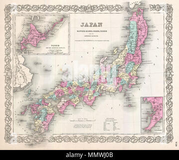 . Englisch: Eine schöne 1855 Erste Ausgabe Beispiel Coltons Karte von Japan. Aus den Karten von Siebold und aus dem Jahr 1850 USA Japan Expedition (Perry) zusammengestellt. Deckt die japanischen Inseln von Norden nach Kiusiu Yesso (Hokkaido). Bietet sehr ausführlich mit Farbe cording nach Provinz. Eine Übersichtkarte in der oberen rechten konzentriert sich auf Hokkaido oder Yesso und der japanischen Kurilen. Ein weiterer Einsatz im unteren rechten Quadranten Details der Bucht von Nagasaki. Im gesamten, Colton identifiziert verschiedene Städte, Dörfer, Flüsse und eine Auswahl an zusätzlichen topographischen Details. Durch typische Colton Umgeben von Spi Stockfoto