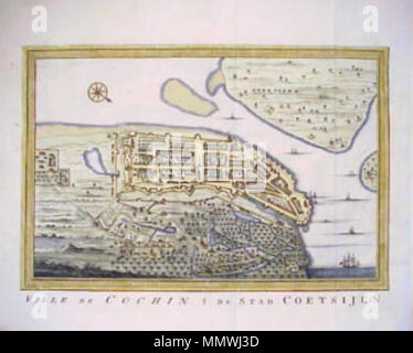 . Deutsch: "Ville de Cochin, "nach Bellin, c. 1755 Quelle: ebay, Mai 2002 "Ville de Cochin, herausgegeben 1755, La Haye, von Jacques Nicolas Bellin, die wichtigen Französischen hydrographischen Ingenieur, gestochen von J. V. Schley. Hunderte der einzelnen Häuser und Gebäude zeichnet sich eindeutig ab, darunter mehrere Türme, Kleingärten und die Wände der befestigten Stadt. Mehrere Schiffe sind auch gesehen, plus der Topographie des Landes außerhalb der Mauern. Mit dem Expertenwissen und attraktive volle Hand Farbe. Dies ist die weniger häufigen Niederländischen Version, mit Text in Französisch und Niederländisch.'. 1755. Bellin Coc Stockfoto