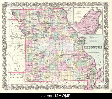 . Englisch: Eine schöne 1855 Erste Ausgabe Beispiel Coltons Karte von Missouri. Deckt den gesamten Staat sowie angrenzende Teile von Illinois und Kansas. Wie die meisten Coltons state Maps, diese Karte ist weitgehend von einer früheren Karte von Nordamerika produziert von Colton und D. Griffing Johnson abgeleitet. Auf der anderen Seite der Grenze, in Kansas, zahlreiche Indianische Stämme sind einschließlich der Cherokees, Osages, Sacs und Füchse, Ottowas, Shawnees, die Delaware finden. In der oberen linken Ecke der Karte, in der die territoriale Nebraska, ein Bereich ist als Heimat der Hälfte Rassen identifiziert. Dies bezieht sich auf land Stockfoto