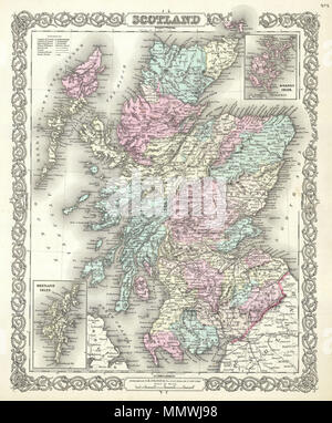 . Englisch: Eine schöne 1855 Erste Ausgabe Beispiel Coltons Karte von Schottland. Farbe nach Grafschaft codiert. Eine Übersichtkarte in der oberen rechten Quadranten Details den Orkney Inseln und anderen Einfügung im unteren linken Quadranten Details der Shetland Inseln. Im gesamten, Colton identifiziert verschiedene Städte, Dörfer, Flüsse und eine Auswahl an zusätzlichen topographischen Details. Durch Coltons typischen Spirale Motiv Rahmen umgeben. Zu J. H. Colton, 1855 datiert und urheberrechtlich geschützt. Von Coltons 172 William Street Büro in New York City veröffentlicht. Wie Seite Nr. 5 in Band 2 der ersten Ausgabe von George Washington Stockfoto