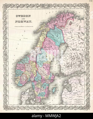 . Englisch: Eine schöne 1855 Erste Ausgabe Beispiel Coltons von Nord, Ost Afrika. Abdeckungen von den Arktischen Meer südlich nach Dänemark und Osten so weit wie den Golf von Finnland. Umfasst die modernen Nationen von Schweden und Norwegen, mit einem Teil des angrenzenden Dänemark und Finnland. Im gesamten, Colton identifiziert verschiedene Städte, Dörfer, Flüsse und eine Auswahl an zusätzlichen topographischen Details. Von besonderem Interesse ist die legendären Lofoten Maelstrom im Nordwesten von Norwegen. Diese legendäre Whirlpool war die Inspiration für die klassische Erzählung Edgar Allan Poes 'Descent in den Strudel". In Wirklichkeit ist es ein Pro Stockfoto