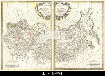 . Englisch: Ein schönes Beispiel für die Rigobert Bonne 1771 dekorative Karte von Russland. Auf zwei Blätter, erstreckt sich von der Ostsee bis Sibirien und der Bering Straße, erstreckt sich südlich bis zum Kaspischen Meer, Sachalin und Kamtschatka, erstreckt sich im Norden bis weit in die Arktis. Details dieser Region und ihre vielen komplexen Flüsse und Berge reicht. Europäischen Russland ist in verschiedene kleinere Staaten einschließlich Bielogorod Woronez, Kiew, Moskau, Astrakan, Kasan, etc. Die äußersten Nordosten deutlich Ausstellungen gesammelten Informationen von den Erkundungen von Vitus Bering und Tschirikow, insbesondere im Hinblick unterteilt Stockfoto
