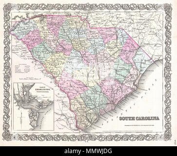 . Englisch: Eine schöne 1855 Erste Ausgabe Beispiel Coltons Karte von South Carolina. Deckt den gesamten Staat sowie angrenzende Teile von Georgia und South Carolina. Karte ist von Hand eingefärbt in den Farben rosa, grün, gelb und blau Pastell Grafschaften zu identifizieren. Erkennt der Städte, Eisenbahnen, Straßen und einige topographische Merkmale. Mit einem Einsatz von Charleston und Umgebung im unteren linken Quadranten. Die Namen der Blue Ridge Mountains. Durch Coltons typischen Spirale Motiv Rahmen umgeben. Dies ist einer der wenigen Mitte des 19. Jahrhunderts Atlas maps South Carolina unabhängig darzustellen. Es ist häufiger abgebildet Stockfoto