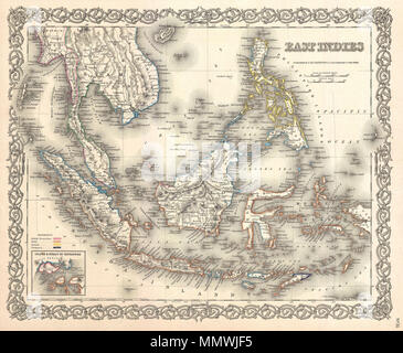 . Englisch: Eine schöne 1855 Erste Ausgabe Beispiel Coltons Karte von Ostindien. Abdeckungen aus Burma im äußersten Nordwesten nach Neuguinea und Osttimor im Südosten. Umfasst von Birma, Pegu, Siam (Thailand), Kambodscha, Chochin (Südvietnam), Malaiisch (Malaysia), Borneo, den Philippinen, Java, Sumatra und Singapur. Diese Karte ist erheblich, da es zu den ersten amerikanischen Karten der Insel und Stadt Singapur - erscheint unten rechts auf Details ist. Wenn diese Karte wurde gemacht, Singapur, die von der British East India Company regiert, erfuhr eine massive Flut von Zuwanderung und Wachstum durch t Stockfoto