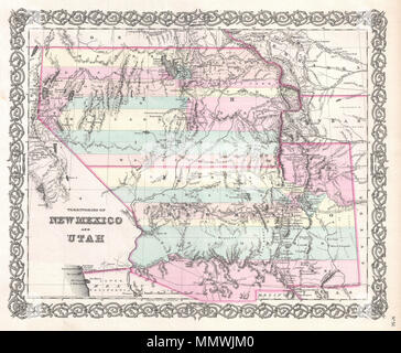 . Englisch: Eine ikonische Karte des amerikanischen Westens und eines der seltensten und begehrtesten aller Colton atlas Maps. Dies ist ein außergewöhnliches Beispiel für die erste Ausgabe des ersten Coltons 1855 Karte der Gebiete von New Mexico und Utah. Dies ist eines der seltensten und begehrtesten aller Colton atlas Maps. Auf der Grundlage von früheren Landkarte produziert von Colton und D. Griffing Johnson, diese Karte Details die Regionen zwischen Kalifornien und Texas und zwischen Texas und Mexiko. Deckt die territoriale New Mexico und Utah einschließlich der modernen Staaten Nevada, Colorado und Arizona. Colton identifiziert Stockfoto