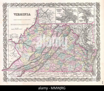 . Englisch: Eine schöne 1855 Erste Ausgabe Beispiel Coltons Karte von Virginia. Deckt den gesamten Staat sowie die meisten benachbarten Maryland und Teilen von North Carolina, Kentucky und Tennessee. Vor dem Split mit West Virginia von sieben Jahren. Karte ist von Hand eingefärbt in den Farben rosa, grün, gelb und blau Pastell Grafschaften zu identifizieren. Erkennt der Städte, Eisenbahnen, Straßen und einige topographische Merkmale. Merkmale Karten von Richmond (mit Manchester und Spring Hill) und Norfolk (mit Portsmouth und Gosport). Die Namen der Cumberland Gap, Chesapeake Bay, Alleghany und Shenandoah Berge und der düsteren Sumpf Stockfoto