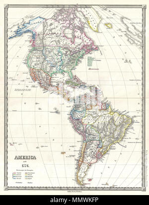 . Englisch: Dies ist Karl von spruner von 1855 Karte von Nord- und Südamerika" seit 1776, einschließlich von Grönland im Norden, Tierra Del Fuego und Falkland Inseln im Süden, und die Britischen Inseln und Skandinavien in den oberen rechten Quadranten. Die Karte zeigt die Standorte der indigenen Gruppen, farbcodierte europäischen Besitzungen, und vielleicht am wichtigsten ist, die politischen Grenzen und der Name des neu gegründeten Vereinigten Staaten von Amerika. Vergleichen Sie 16 Platte, "Amerika seit 1776" ("Amerika seit 1776"), mit der diese ein schönes Pendant machen würde. Entlastung ist durch hachures gezeigt, und die fein graviertem detail Thro Stockfoto