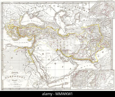 . Englisch: Diese faszinierende Handcolorierte Karte zeigt das Reich Alexanders des Großen an seine größte Ausdehnung. Zeigt aus Griechenland so weit wie Osten als modernen Indien und Pakistan und umfasst die gesamte arabische Halbinsel. Detaillierte Einsätze stellt vier von Alexanders wichtige Schlachten: ad Proelium Granicum, Proelium ad. Issum, Proelium ad. Guangamela und Caucases Abart. Alle Texte in Latein. Regnum Alexandri Magni.. 1855. 1855 Spruneri Karte des Reiches Alexanders des Großen - Geographicus - RegnumAlexandri - spruneri-1855 Stockfoto