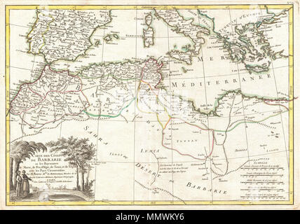 . Englisch: Ein schönes Beispiel für die Rigobert Bonne dekorative Karte des Maghreb oder Barbary Coast. Abdeckungen der nordwestlichen Afrika und das westliche Mittelmeer. Diese Region, bekannt seit den Tagen von Columbus "Tierra Firma, besteht aus der modernen Nationen von Tunesien, Libyen, Algerien und Marokko. Für ausgezeichnete Details im gesamten, Berge, Flüsse, nationale Grenzen, Städte, Regionen und Stämmen. Als Bonne diese Karte die Vorbereitung war, das Barbary Coast war eine Hochburg der Piraterie - ähnlich wie vor der somalischen Küste heute. Die Barbaresken angreifen würden Schiffe, die durch den engen Gibraltar Stockfoto