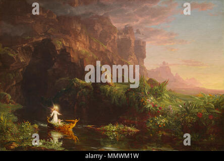 Malerei; Öl auf Leinwand; Gesamt: 134.3 x 195.3 cm (52 7/8 x 76 7/8 in.) gerahmt: 162,9 x 224,8 x 17,8 cm (64 1/8 x 88 1/2 x 7 in.); Thomas Cole - Die Reise des Lebens Kindheit, 1842 (Nationalgalerie) Stockfoto