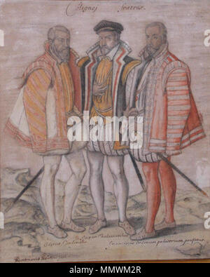 . Français: Les Trois Frères Coligny: de gauche à droite Odet de Coligny, Kardinal de Châtillon (1517-1571), Gaspard II. de Châtillon, amiral de Coligny (1519-1572), François d'Entre. 16. Jahrhundert. Coligny Brüder Gaspard Odet Francois Stockfoto