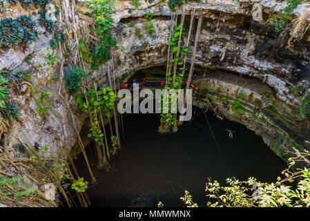 Cenote San Lorenzo Oxman in der Nähe von Valladolid, Yucatan, Mexiko. Schwimmen und Entspannen im tiefen türkisklares Wasser. Stockfoto