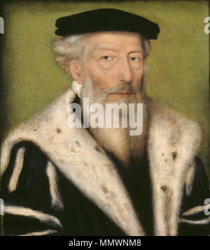 Öl Malerei auf dem Panel, einer unbekannten Alten bärtigen Mann, Corneille de Lyon (Den Haag 1500/10 zugeschrieben? Lyons 1575). Kopf und Schultern Portrait eines älteren bärtigen Mann, leicht nach rechts gedreht, an den Betrachter anstarrt, trug einen schwarzen Mantel mit Hermelin/Lynx Kragen und flache schwarze Kappe, grünen Hintergrund. Corneille de Lyon - unbekannter Mann - Polesden Lacey Stockfoto