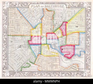 . Englisch: Dieses knappen Handcolorierte Karte ist eine lithografischen Gravur von Baltimore, Maryland, das bis 1860 zurückgeht, die von der legendären amerikanischen Mapmaker S.A. Mitchell, der Jüngere. Dies ist die vielleicht schönsten aller der Mitchell Baltimore Karten, da nur dieses und die 1861 edition Schöne lebendige hand Färbung innerhalb der einzelnen Stadtteile bieten. Später Ausgaben tendenziell nur Rottöne zu verwenden. Diese Karte war ursprünglich Teil der 1860 Edition von Mitchell's Neue allgemeine Atlas. 1860 datiert und urheberrechtlich geschützt. Plan von Baltimore.. 1860 (veraltet). 1860 Mitchell Karte von Baltimore - Geographicus - Baltimore - M-60 Stockfoto