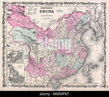 . Englisch: Dies ist Johnson und von Browning 1861 Karte von China, erste Ausgabe. Abdeckungen der Region mit besonderem Augenmerk auf Städte und Wasserstraßen. China an der Zeit diese Karte gemacht wurde, war meistens geschlossen, jedoch wenige Ports zur westlichen Handel geöffnet wurden, diese Wenigen sind in Großbuchstaben angegeben und beinhalten Tanchau, Kaifung, Waingan, Shanghai, Kanton und Nanking (Nanjing) unter anderem. Einsätze der "Insel der Amoy" und Kanton (Hong Kong) Detail. Mit der Multifunktionsleiste stil Grenze gemeinsame zu Johnson von Atlas Arbeiten von 1860 bis 1862. Stahlplatte Gravur erstellt von A.J.Johnson für die Veröffentlichung als Stockfoto