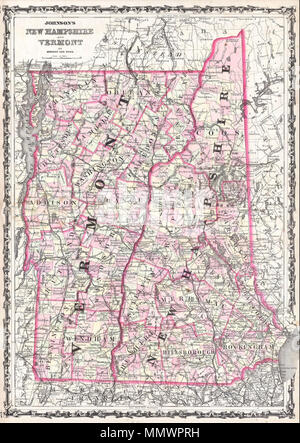 . Englisch: Dies ist ein wunderschön farbige 1862 Karte von Vermont und New Hampshire von A.J.Johnson. Zeigt die beiden Staaten in wunderbaren Detail mit noch einzelne Gebäude eingezeichnet. Diese frühe Variante des Johnson Karte erscheint nur im Jahr 1860 - 1862 Ausgaben des Atlas. Die Platten für Vermont und New Hampshire wurden für das Jahr 1863 überarbeitet und alle nachfolgenden Ausgaben des Johnson Atlas. Johnson's New Hampshire und Vermont. 1861. 1861 Johnson Karte von Vermont und New Hampshire - Geographicus - VTNH-j-62 Stockfoto