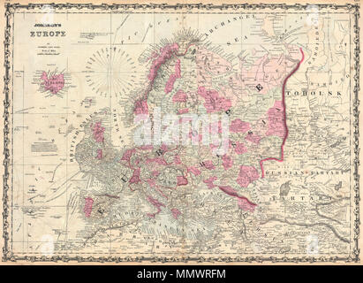 . Englisch: ein sehr schönes Beispiel von Johnson's Karte 1862 von Europa. Dieser zweiteiligen Karte Details alle Europas sowie angrenzenden Teilen von Asien und Afrika. Sehr detaillierte mit unzähligen Ortsnamen. Zeigt aber auch die Ansatzpunkte und Routen von zahlreichen berühmten Entdecker einschließlich Byron, Koch, die Auflösung, Vancouver, Isabella & Alexander, Carteret, Wallis und andere. Die Farbe je nach Land und Region codiert. Dieses Europa Karte erschien nur in der 1860-1862 Editionen von Johnson's Atlas und wurde mit einer neuen Platte im Jahre 1863 ersetzt. Funktionen der strapwork Stil Grenze gemeinsame zu Johnson von Atlas w Stockfoto