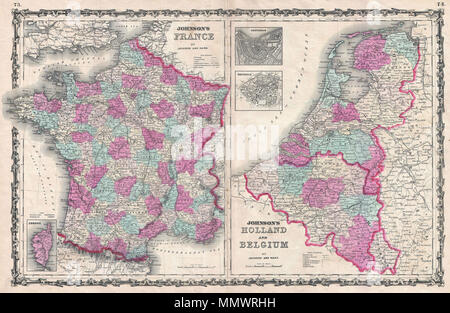 . Englisch: Dies ist A.J.Johnson und Ward's Karte 1862 von Frankreich, Holland (Niederlande) und Belgien. In zwei separate Karten aufgeteilt. Die linke Karte konzentriert sich auf Frankreich und ist die Farbe je nach Abteilung codiert. Eine Übersichtkarte in der unteren linken zeigt die Insel Korsika. Die rechte Karte konzentriert sich auf Holland und Belgien. In der linken oberen Abschnitt gibt es Kartenausschnitte von Amsterdam und Brüssel. Funktionen der strapwork Grenze gemeinsame zu Johnson von Atlas Arbeiten von 1860 bis 1863. Stahlplatte Gravur von A.J.Johnson für die Veröffentlichung als Seite Nr. Johnson's Frankreich vorbereitet. - Johnson's Holl Stockfoto