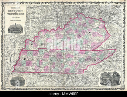 . Englisch: Ein schönes Beispiel für A.J.Johnson's Karte 1862 von Kentucky und Tennessee. Wahrscheinlich die meisten dekorativen von Johnson's Kentucky-Tennessee Serie, diese seltene Karte bietet eine faszinierende Momentaufnahme der diese Abtrünnigen Staaten kurz nach dem Ausbruch des amerikanischen Bürgerkriegs. Karte zeigt beide Staaten in vollem Umfang mit Farbkennzeichnung nach Grafschaft. Graviert dekorative Blick auf die "State House Nashville", die "Navy Yard Memphis" und die "Eingang zum Mammoth Cave" der oberen linken verzieren, unteren linken und unteren rechten Quadranten, beziehungsweise. Funktionen der strapwork Stil Grenze kom Stockfoto