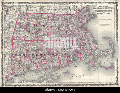 . Englisch: Dies ist Johnson und Ward's Karte 1862 von Massachusetts, Connecticut und Rhode Island. Diese seltene Karte bietet eine faszinierende Momentaufnahme der beiden Neu England Staaten kurz nach dem Ausbruch des amerikanischen Bürgerkriegs. Karte zeigt alle drei Staaten voll und ganz mit Fett und dramatische Farbkennzeichnung nach County und District, auch Details Transportwege, insbesondere Straßen, Eisenbahnen und Kanälen. Enthält Teile von Long Island (East Hampton und Montauk) sowie Nantucket, Cape Cod und Martha's Vineyard. Funktionen der strapwork Stil Grenze gemeinsame zu Johnson von Atlas Arbeiten aus dem Jahr 1860 Stockfoto