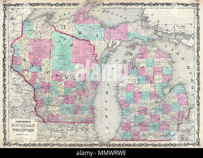 . Englisch: Ein schönes Beispiel für A.J.Johnson's Karte 1862 von Michigan und Wisconsin. Diese seltene Karte bietet eine faszinierende Momentaufnahme der beiden Staaten kurz nach dem Ausbruch des amerikanischen Bürgerkriegs. Karte zeigt beide Staaten in vollem Umfang mit Farbkennzeichnung nach Grafschaft. Ausgezeichnete Great Lakes detail Übersicht Michigan See in voller Teile des Lake Superior und Lake Huron. Erstreckt sich südlich so weit wie Chicago. Funktionen der strapwork Stil Grenze gemeinsame zu Johnson von Atlas Arbeiten von 1860 bis 1863. Von A.J.Johnson und Ward Veröffentlicht als Platte Zahlen 49 und 50, die in der Ausgabe 1862 von Johnson's New Stockfoto