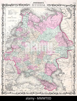 . Englisch: ein wunderschönes Beispiel von Johnson und Ward's Karte 1862 von Russland. Zeigt die europäischen Teile von Russland aus dem Arktischen Meer südlich des Schwarzen Meeres und des Kaspischen Meeres. Erweitert West so weit wie Warschau und Osten so weit wie Orenburg und Zul. Mit der Ukraine. Durch die attraktiven ribbon Grenze gemeinsame zu Johnson's Atlanten zwischen 1860 und 1862 umgeben. Einer der attraktiveren American atlas Karten von Russland in der Mitte des 19. Jahrhunderts zu erscheinen. Auf Coltons 1855 Karte der gleichen Region. Durch A. J. für die Aufnahme als Platte 76 im Jahre 1862 Ausgabe von Johnson's Neue Illustrierte Familie Atl vorbereitet Stockfoto